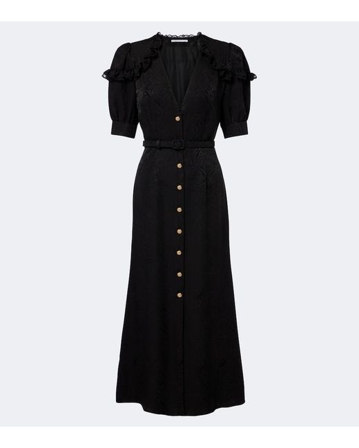 Alessandra Rich Black Belted Silk Jacquard Midi Dress