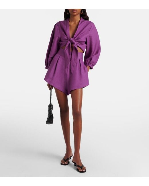 Adriana Degreas Purple Pleated Linen-Blend Shorts