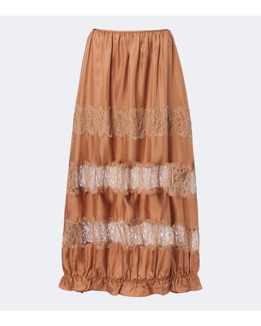 Ulla Johnson Brown Chantal Lace-Trimmed Silk Maxi Skirt