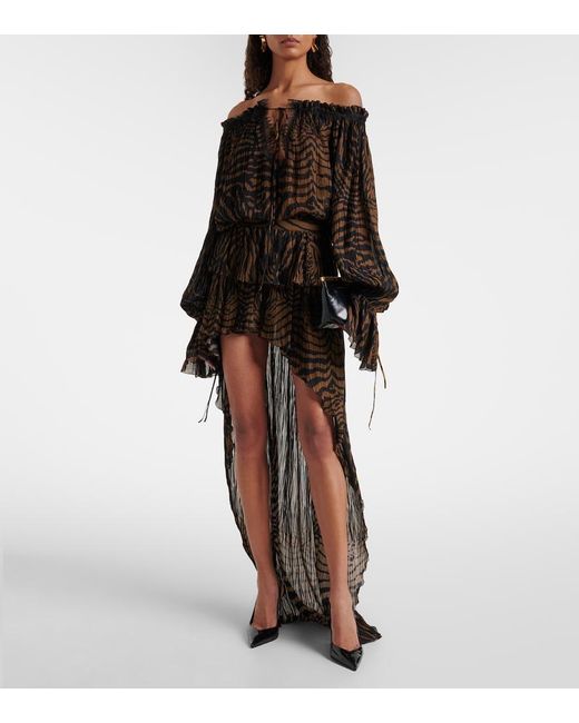 Blumarine Black Lace-Trimmed Zebra-Print Chiffon Top