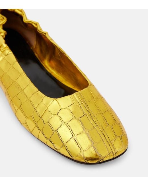 Dries Van Noten Yellow Metallic Croc-Effect Leather Ballet Flats