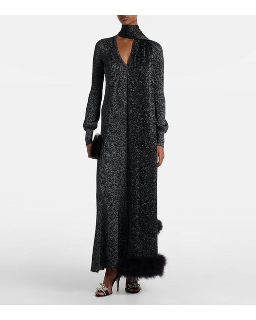 Valentino Black Feather-Trimmed Lame Maxi Dress