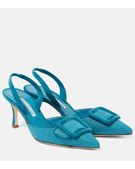 Manolo Blahnik Blue Maysli 70 Raffia Slingback Pumps