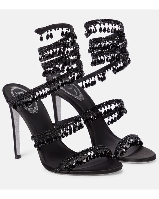 Rene Caovilla Chandelier Embellished Satin Sandals in Black | Lyst