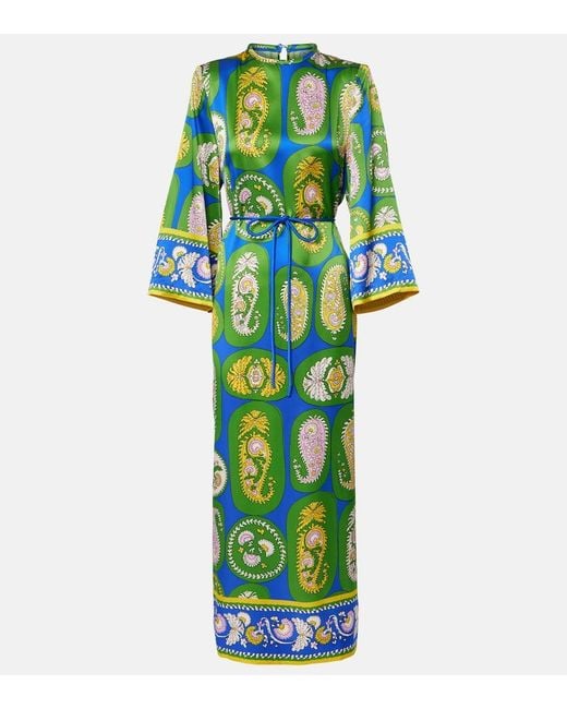 ALÉMAIS Green Printed Silk Satin Maxi Dress