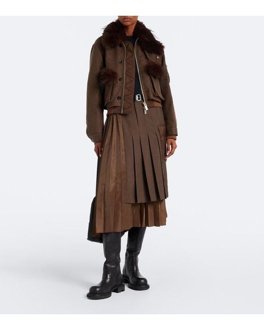 Sacai Brown Layered Pleated Wool-Trimmed Midi Skirt