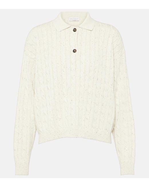 Brunello Cucinelli White Cable-Knit Cotton-Blend Polo Sweater