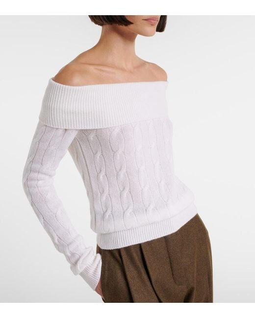 Ralph Lauren White Cable-Knit Off-Shoulder Cashmere Sweater