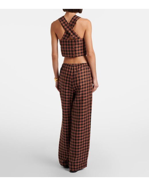 Asceno Brown Checked Linen Wide-Leg Pants
