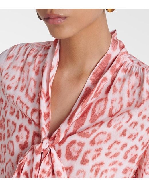 Roberto Cavalli Pink Leopard-Print Tie-Neck Jersey Blouse