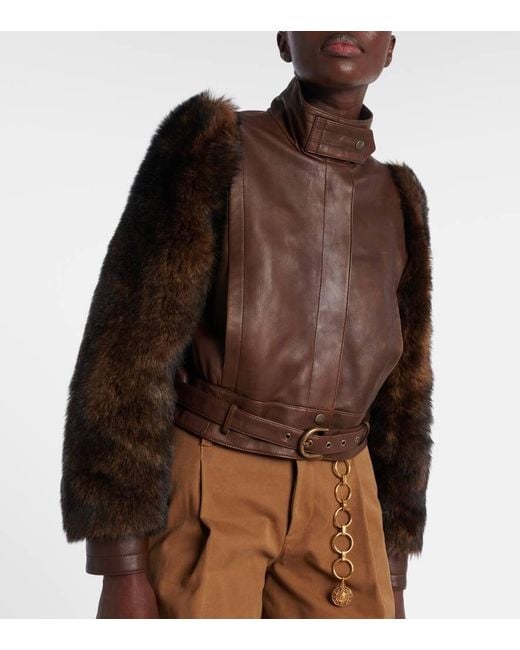Chloé Brown Cropped Shearling-Trimmed Leather Jacket