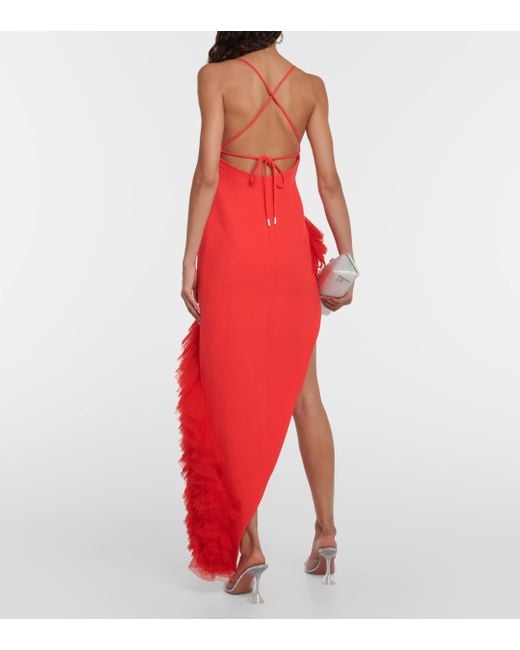 David Koma Red Ruffled Virgin Wool Crepe Maxi Dress