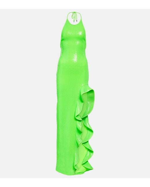 David Koma Green Sequined Halterneck Maxi Dress
