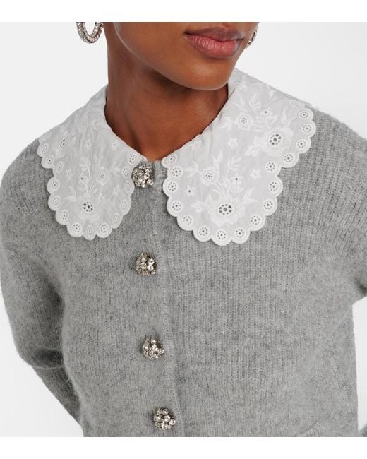 Self-Portrait Gray Embellished Lace-Trimmed Cardigan