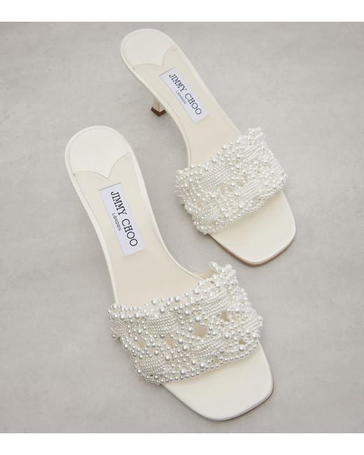 Jimmy Choo White Mules Cary 70 Aus Satin Mit Zierperlen