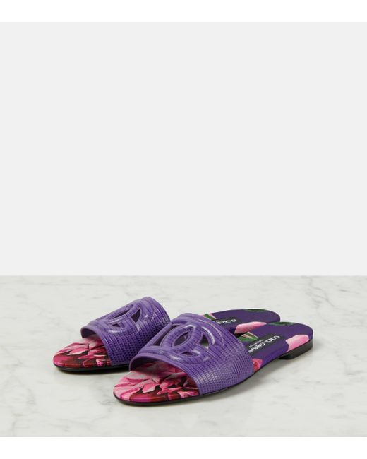 Dolce & Gabbana Purple Logo Leather Slides