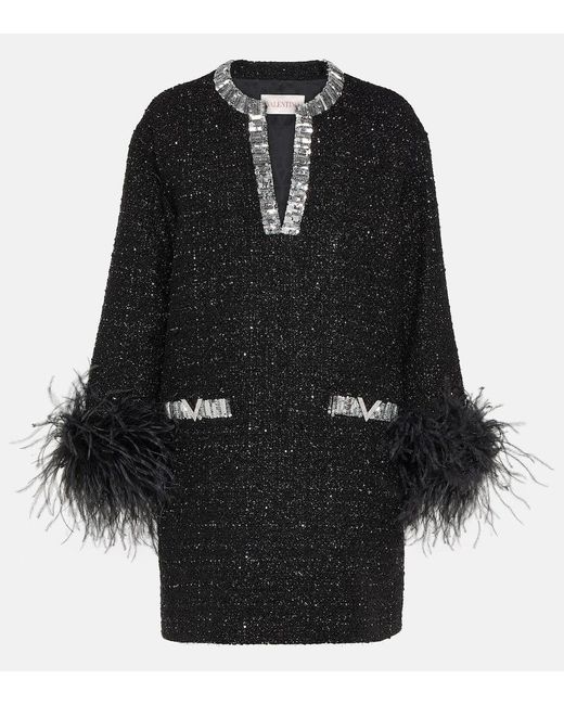 Valentino Black Feather-trimmed Tweed Minidress