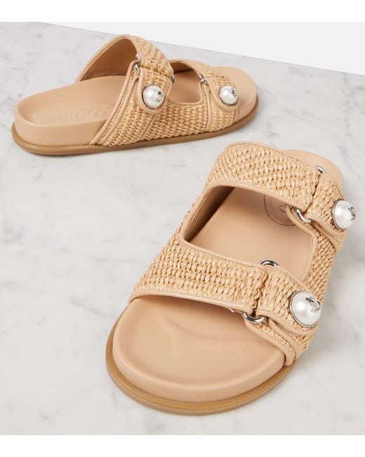 Jimmy Choo Natural Fayence Leather-Trimmed Raffia Sandals