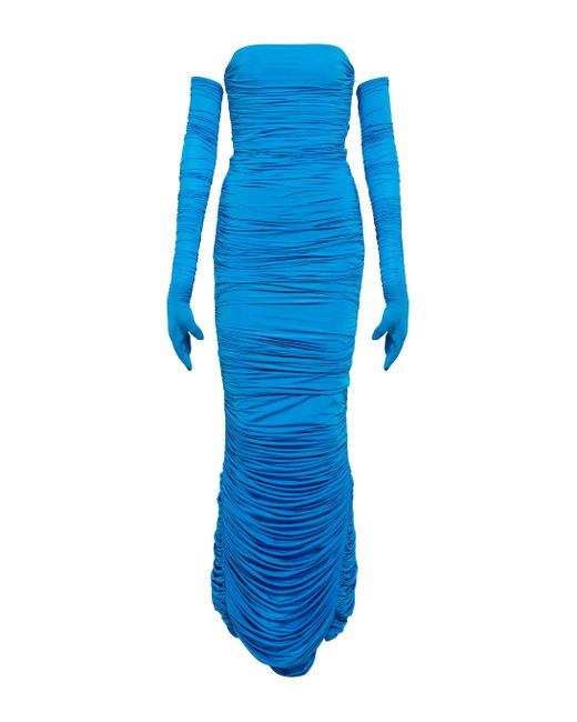 Alex Perry Blue Huntley Ruched Gown With Gloves