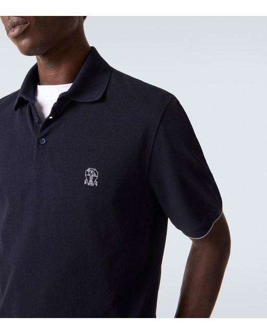Brunello Cucinelli Blue Embroidered Cotton Pique Polo Shirt for men
