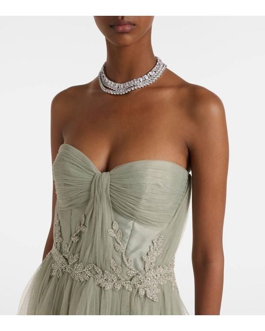 Costarellos Green Embellished Tulle Corset Gown