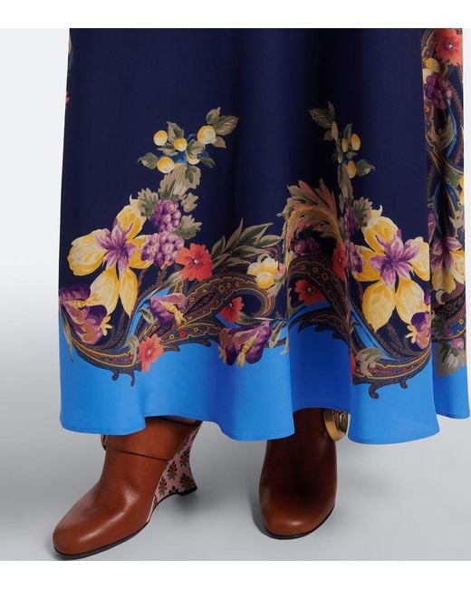 Etro Blue Floral Silk Crepe De Chine Maxi Skirt