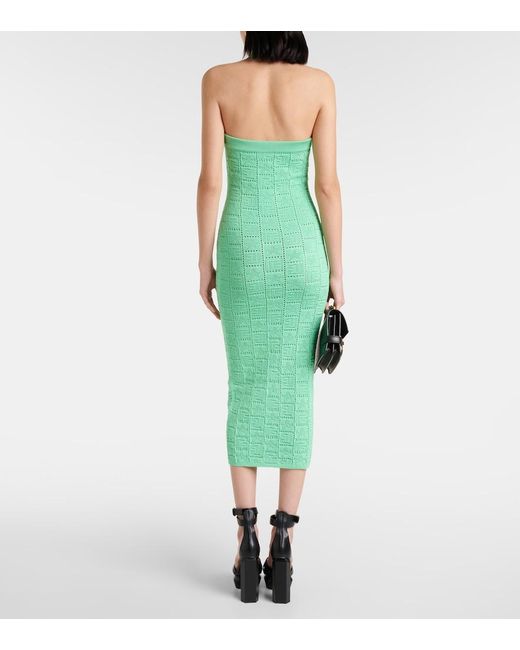 Balmain Green Monogram Openwork Midi Dress