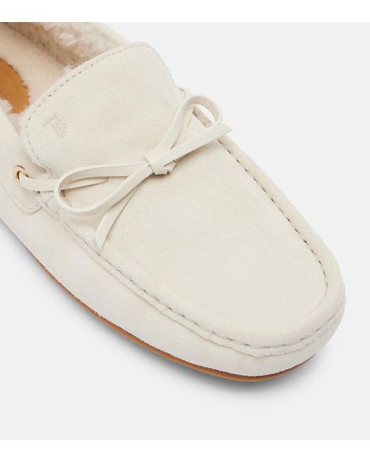 Tod's White Gommino Shearling-Lined Suede Boat Shoes