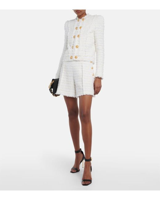 Shorts En Tweed De Tiro Alto Balmain de color White