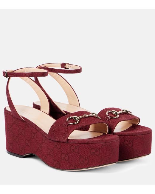 Gucci Red Horsebit Flatform Sandal, Fabric
