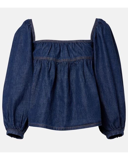 Saint Laurent Blue Gathered Denim Blouse
