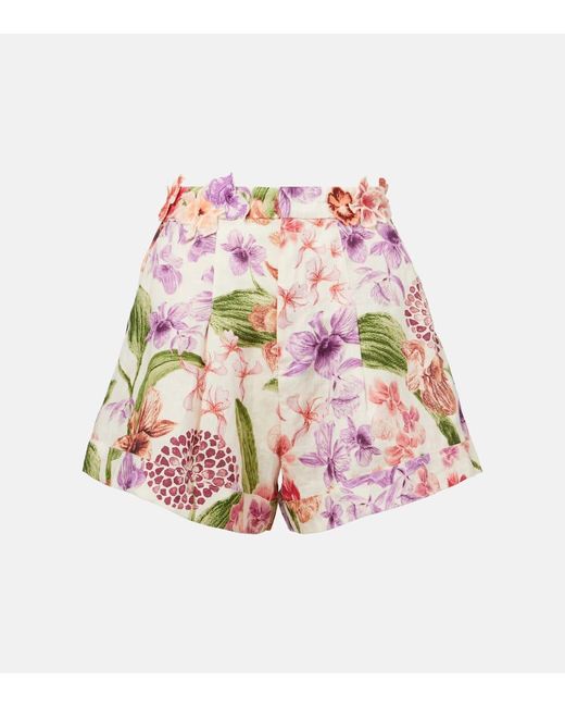 Shorts De Tiro Alto De Lino Floral Agua Bendita de color Pink