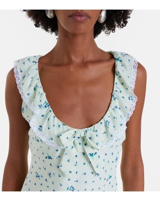Alessandra Rich White Lace-Trimmed Floral Silk Midi Dress