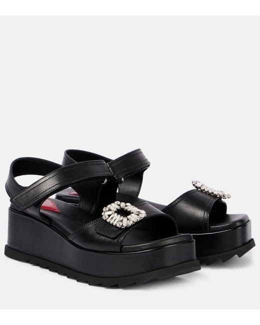 Roger Vivier Black Slidy Viv' Embellished Leather Wedge Sandals