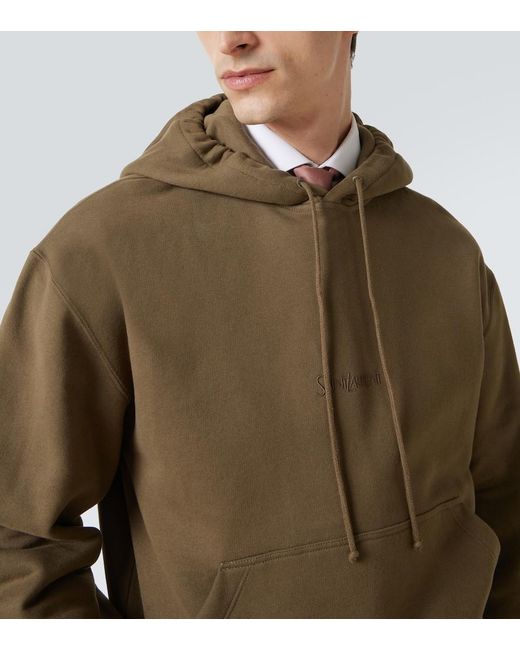 Saint Laurent Brown Logo Embroidered Cotton Fleece Hoodie for men