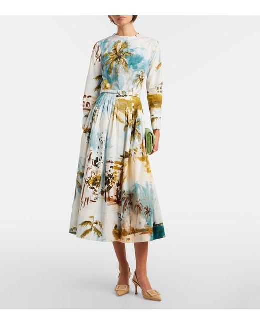 Oscar de la Renta White Pleated Printed Cotton-Blend Cocktail Dress