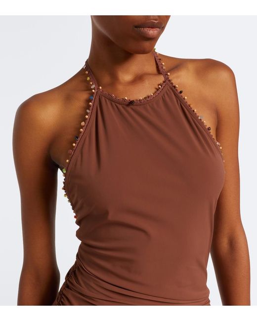 Christopher Esber Brown Embellished Halterneck Jersey Minidress