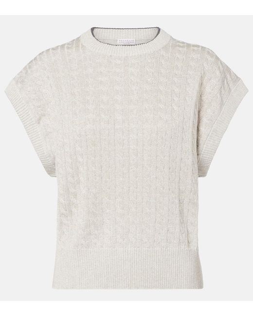 Brunello Cucinelli White Cable-Knit Cotton-Blend Sweater