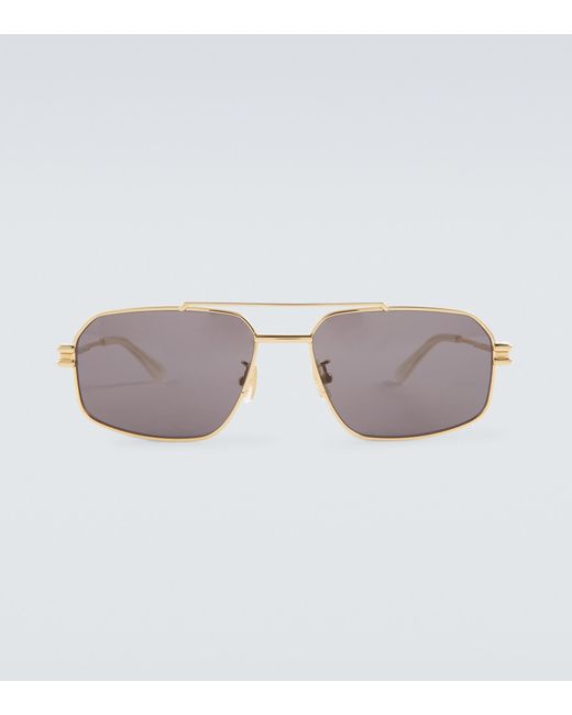 Bottega Veneta Leather Bond Square Aviator Sunglasses in Gold-Gold-Grey ...