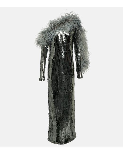 Robe longue Garbo Disco a sequins et plumes ‎Taller Marmo en coloris Gray