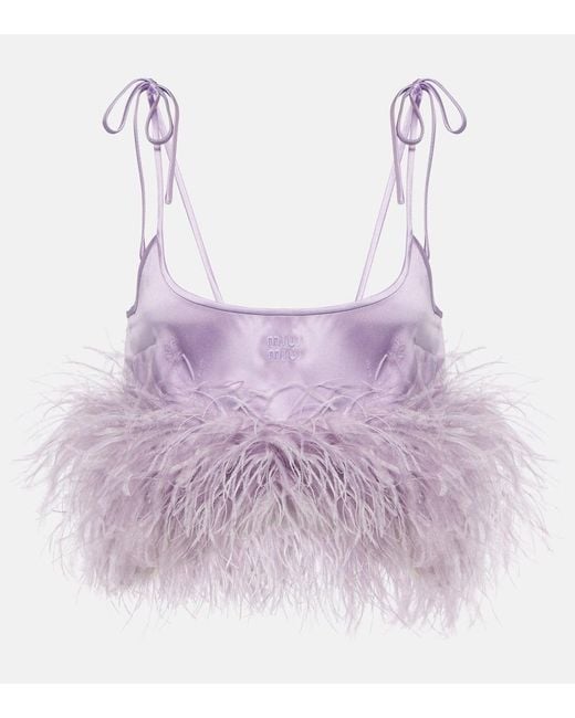 Miu Miu Purple Feather-Trimmed Logo Satin Crop Top