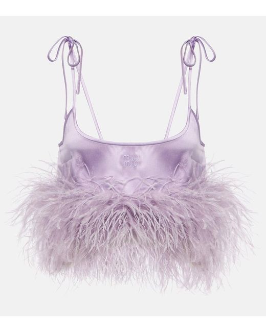 Crop top de saten con ribete de plumas Miu Miu de color Purple