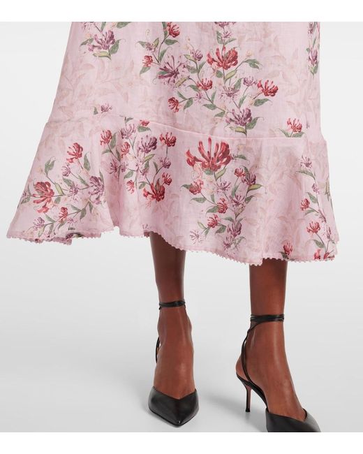 Agua Bendita Pink Mercedes Wisteria Floral Linen Midi Dress