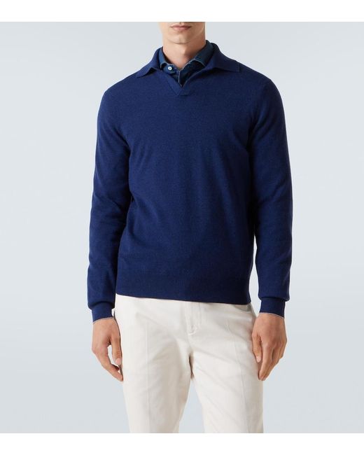 Brunello Cucinelli Blue Cashmere Polo Sweater for men