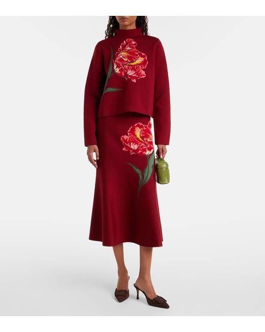Carolina Herrera Red Floral Jacquard Cotton And Wool Sweater