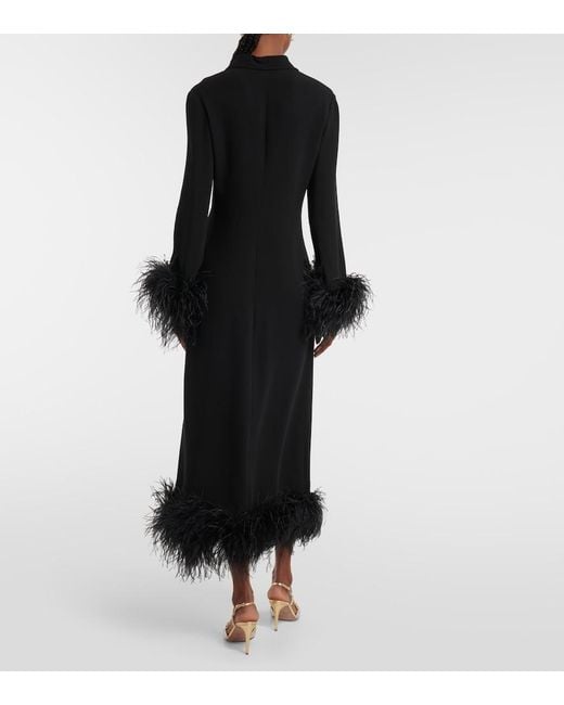 Valentino Black Feather-Trimmed Silk Midi Dress