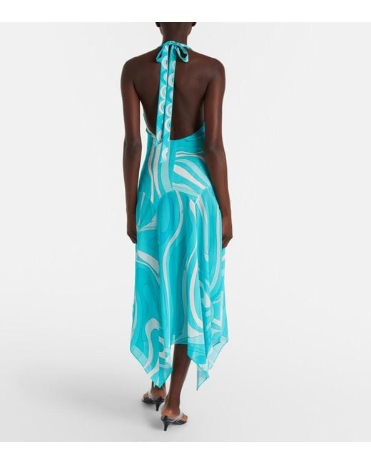 Emilio Pucci Blue Printed Silk Twill-Trimmed Crepe-Jersey Halterneck Midi Dress