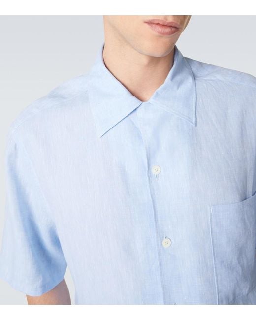 Zegna Blue Linen Bowling Shirt for men