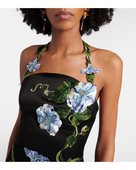 LEO LIN Black Floral-Applique Halterneck Gown