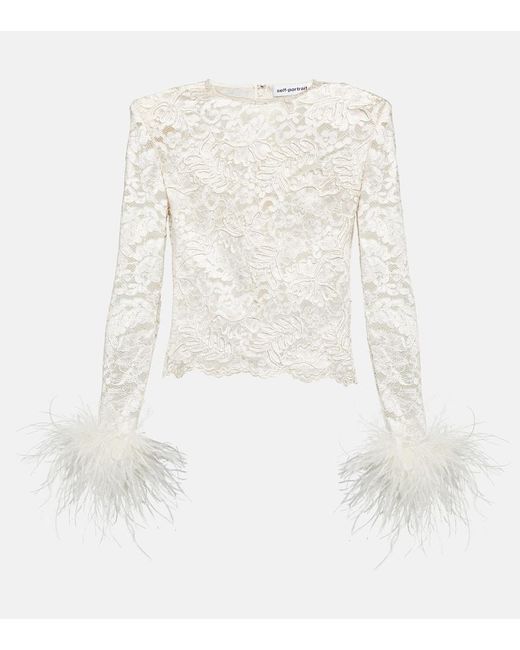 Self-Portrait White Feather-trimmed Lace Top